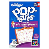 Kellogg's Pop-Tarts Frosted Hot Fudge Sundae Flavor, featuring sprinkles on top, with a U.S. flag icon indicating eight toaster pastries in the 384g box.